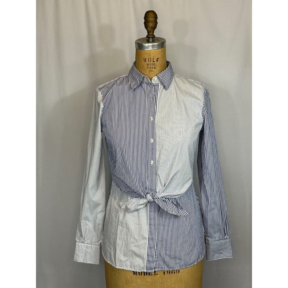 Brooks Brothers Red Fleece Tie-Front Blue White Striped Button-Up Shirt Size 2